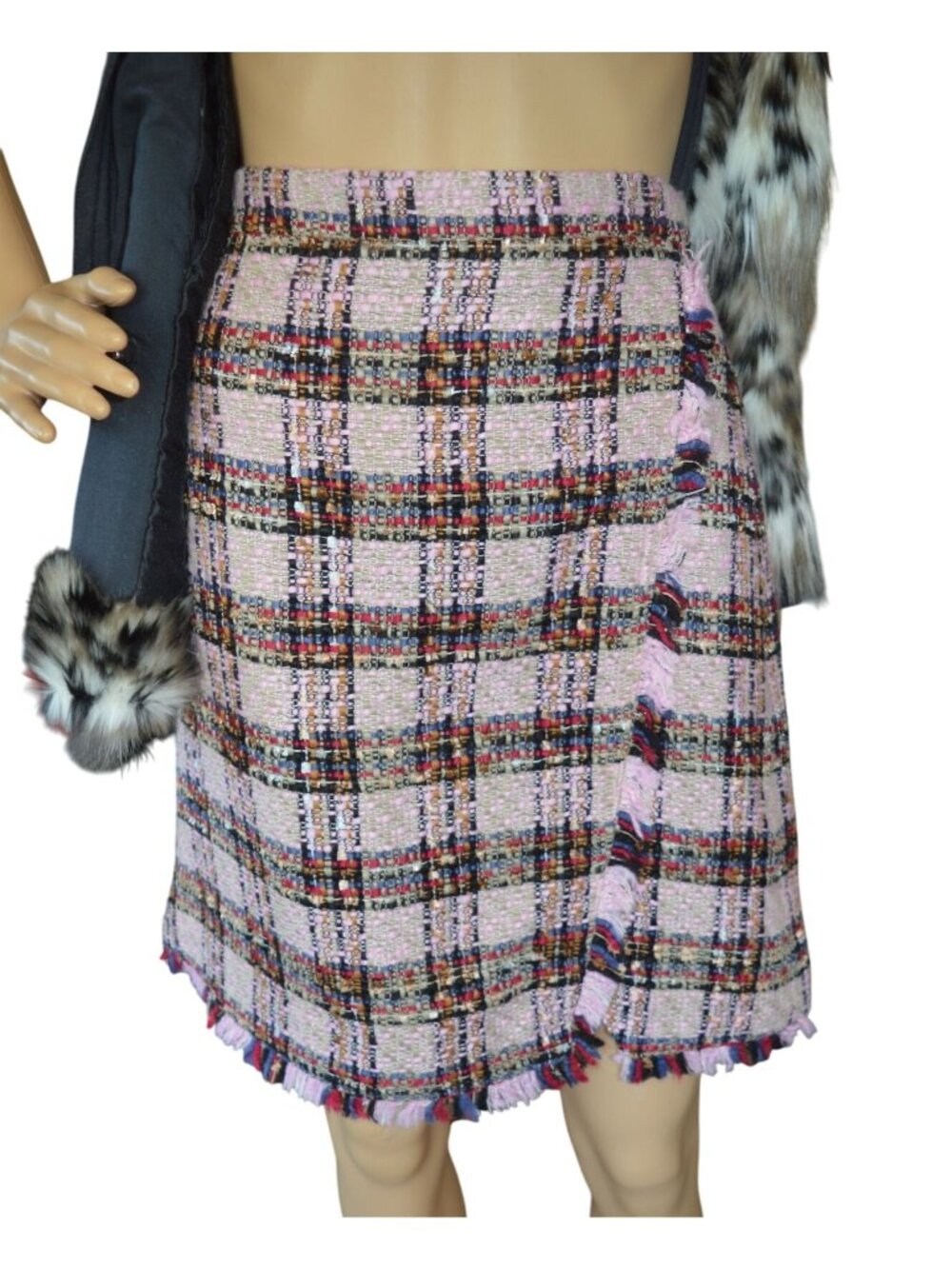 Marks & Spencer Pink Mix Tweed Skirt Size 6 Faux Kilt Tartan Plaid Check Fringe